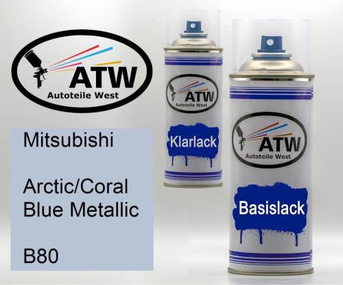 Mitsubishi, Arctic/Coral Blue Metallic, B80: 400ml Sprühdose + 400ml Klarlack - Set, von ATW Autoteile West.